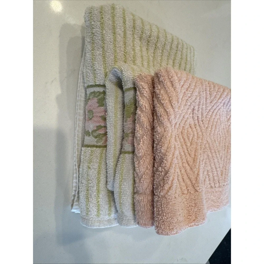 VTG Bathroom Towel Lot 4 Avocado Green Pink Floral Strip Bath‎ Hand Wash Retro